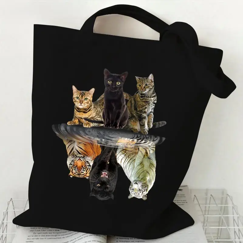 Cat Vs Tiger Reflection Canvas Tote Bag Unique Cat Vs Tiger Reflection Design A Fun Eye-catching Print Cat Bags Versatile Kawaii