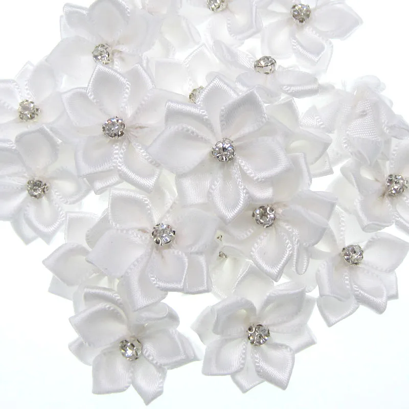 30Pcs Handmade Small Satin Flowers Fabric Rhinestone Flower Appliques For Sewing Craft Wedding Decorations 2.8cm