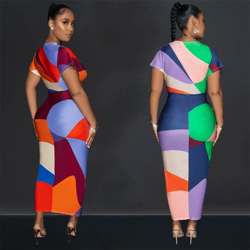 Geometric Print Short Sleeve Maxi Dresses for Women Elegant Slim Fit Stretchy V-neck Ruched Split Party Club Sexy Bodycon Dress