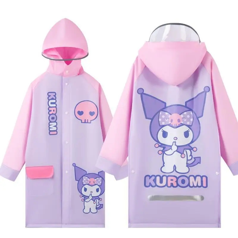 Sanrio Kuromi Student Raincoat Anime Hellokitty Cartoon Kuromi Printing Portable Cardigan Hooded Raincoat Loose Poncho Girl Gift