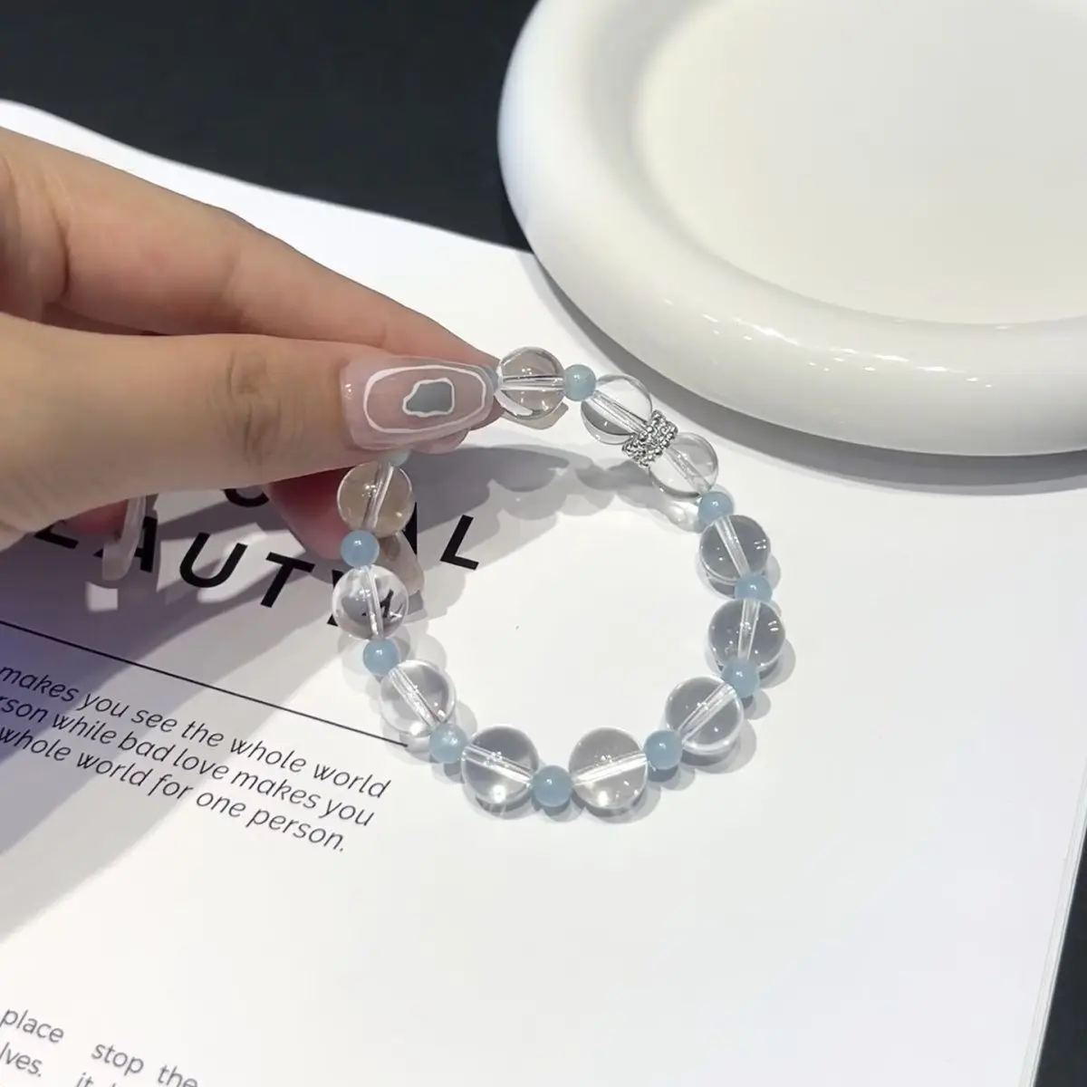

Летний свежий стиль, китайский ледяной белый кристалл с аквамариновыми бусинами-разделителями