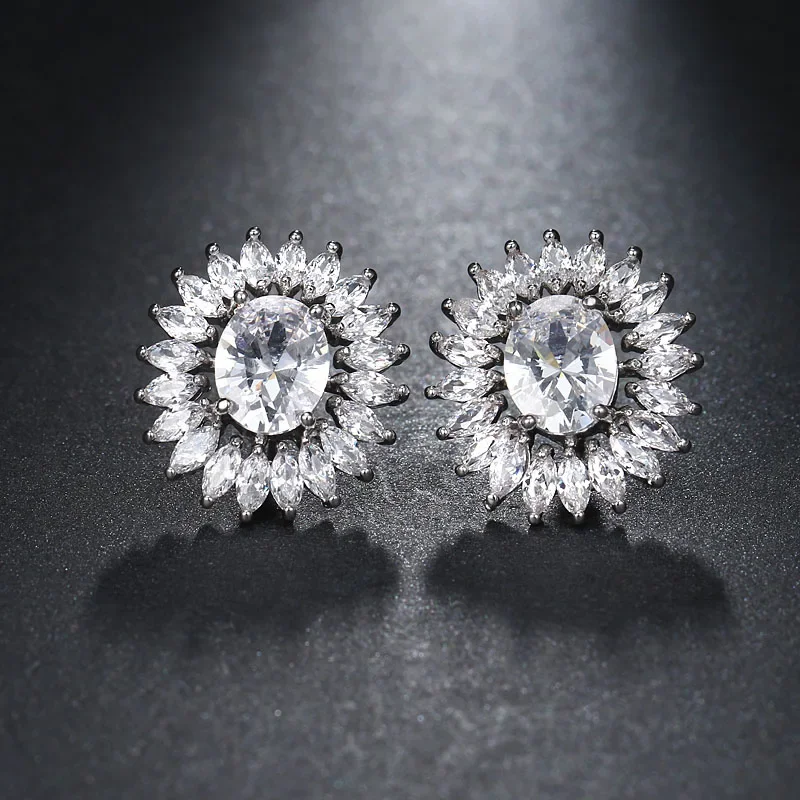 LXOEN Fashion Round Zircon Women Stud Earrings With Silver Color Studs Ear Girl Druzy Earrings Jewelry brinco Gift bijoux