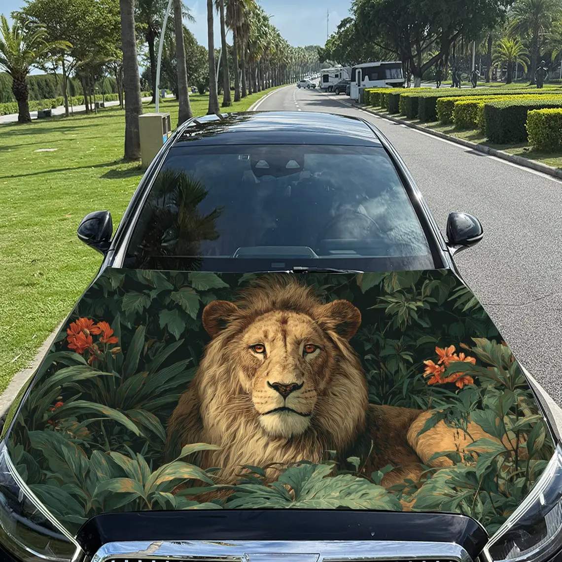

The Lion In The Jungle Car Hood Vinyl Wraps, PVC Waterproof Car Bonnet Decals, Self-Adhesive Scratch-Resistant Stickers For Engi
