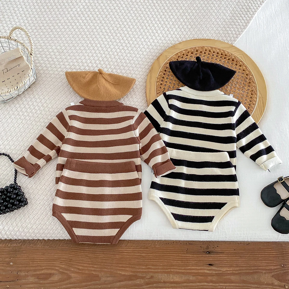 Baby clothes Korean Western style spring and autumn sets for outdoor wear, wide striped sweaters for infants and young children,