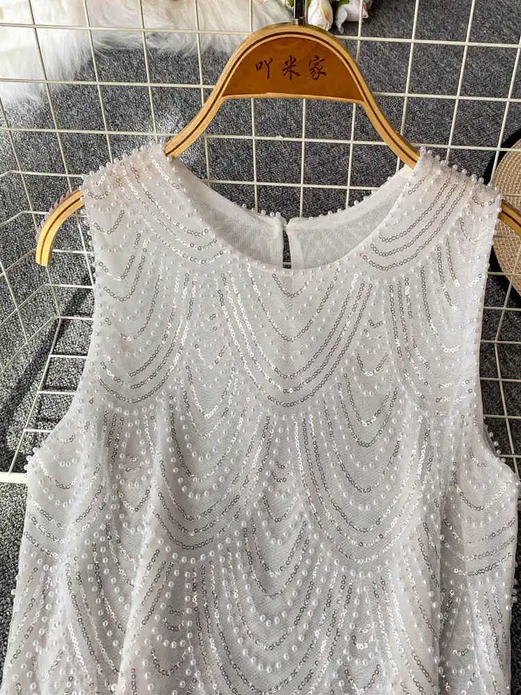 Summer Beaded Sequin Tank Tops Women Round Neck Pullover Sleeveless Tees Fashionable High-end Irregular Female Camisole