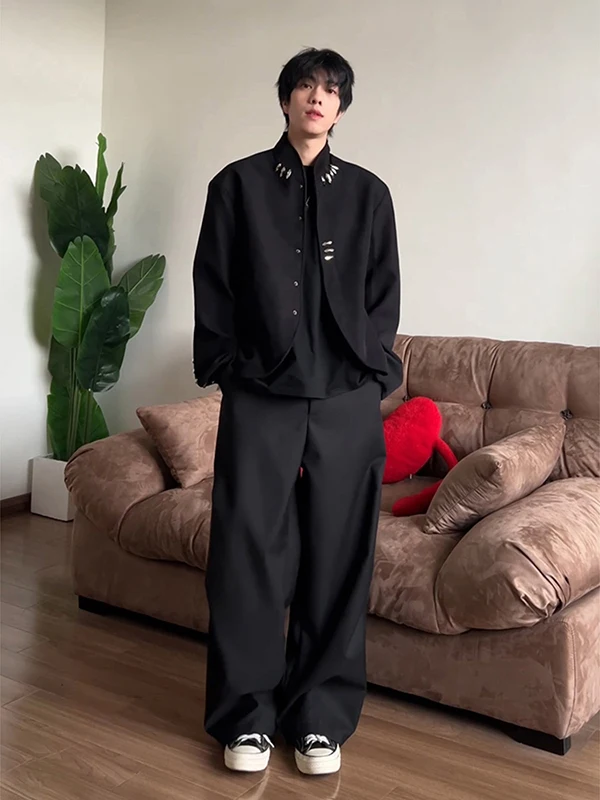 

Черная укороченная деконструированная куртка мужская, премиум-класса, в новом китайском стиле, с воротником-стойкой, в стиле Old Money, весенняя.