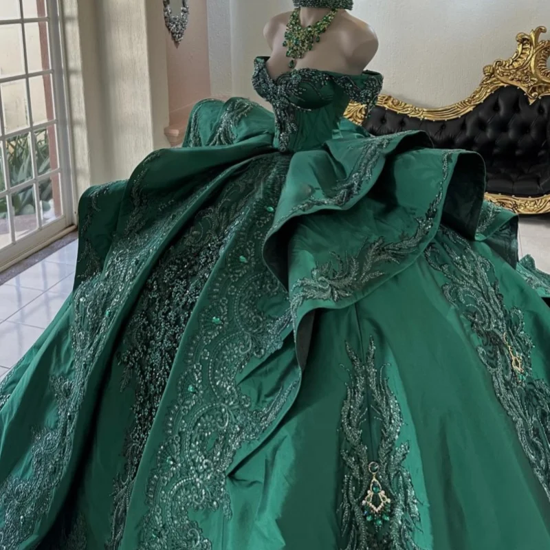 

Dark Green Quinceanera Dresses Off the Shoulder Glitter Crystal Decal Layering Long tail Bow Vestidoe 15 Quinceanera Customize