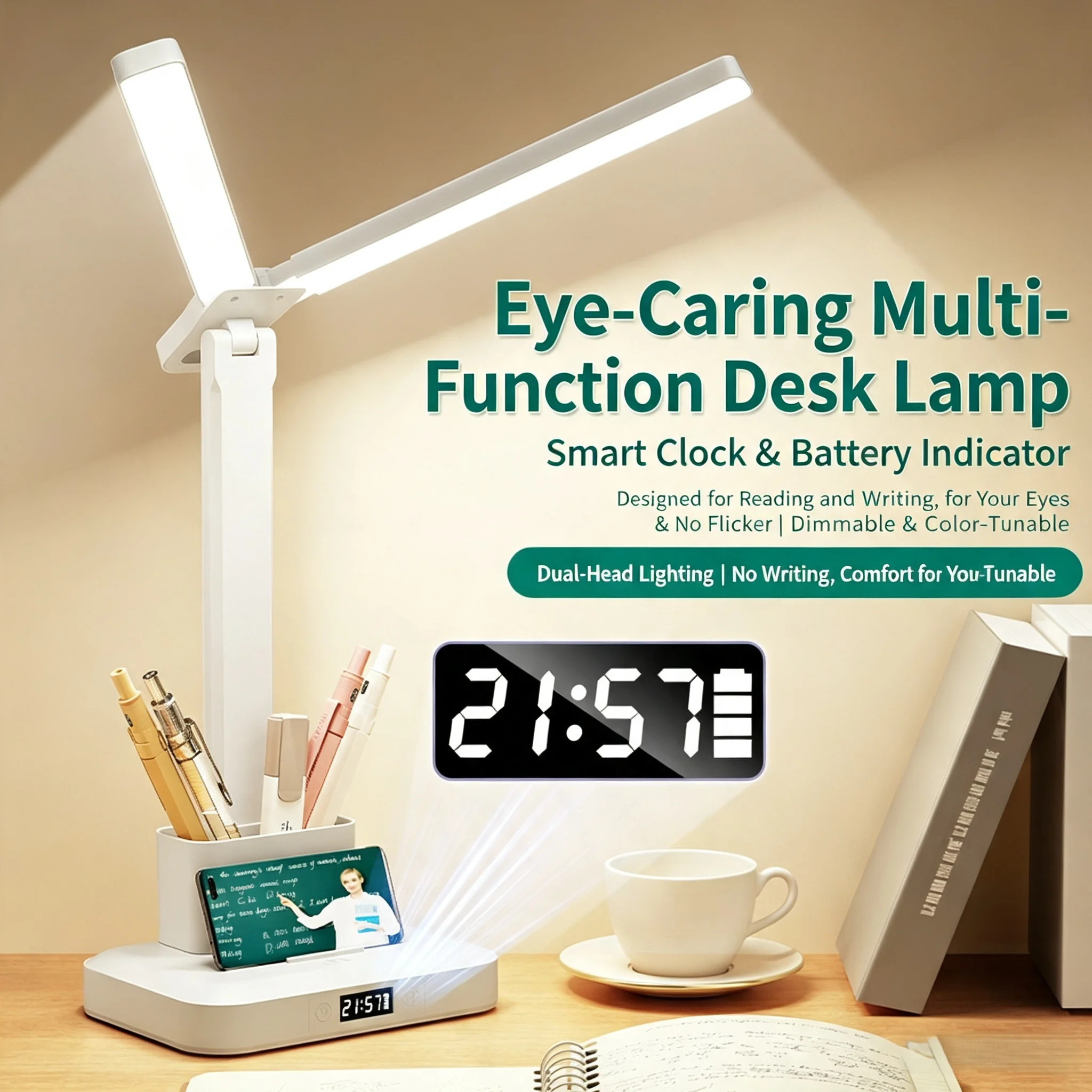 Dual‑Head LED Desk Lamp, Eye‑Caring No‑Flicker Light, 3 Color Modes Dimmable, Pen Holder & Phone Stand, Type‑C Rechargeable Fold
