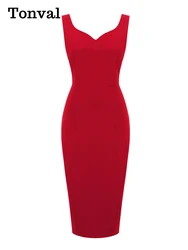 Tonval Sweetheart Neck Sleeveless Office Midi Pencil Dresses for Women 2023 Vintage Red Solid Elegant Slim Bodycon Dress