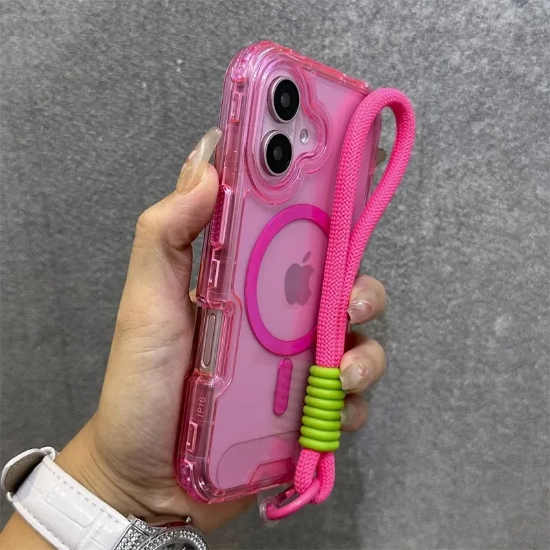 حافظة لهاتف Magsafe شفافة بحزام معصم لهاتف آيفون 16 15 14 17 Pro Max Plus 12 13 11 17 غطاء حماية صلب مقاوم للصدمات #3