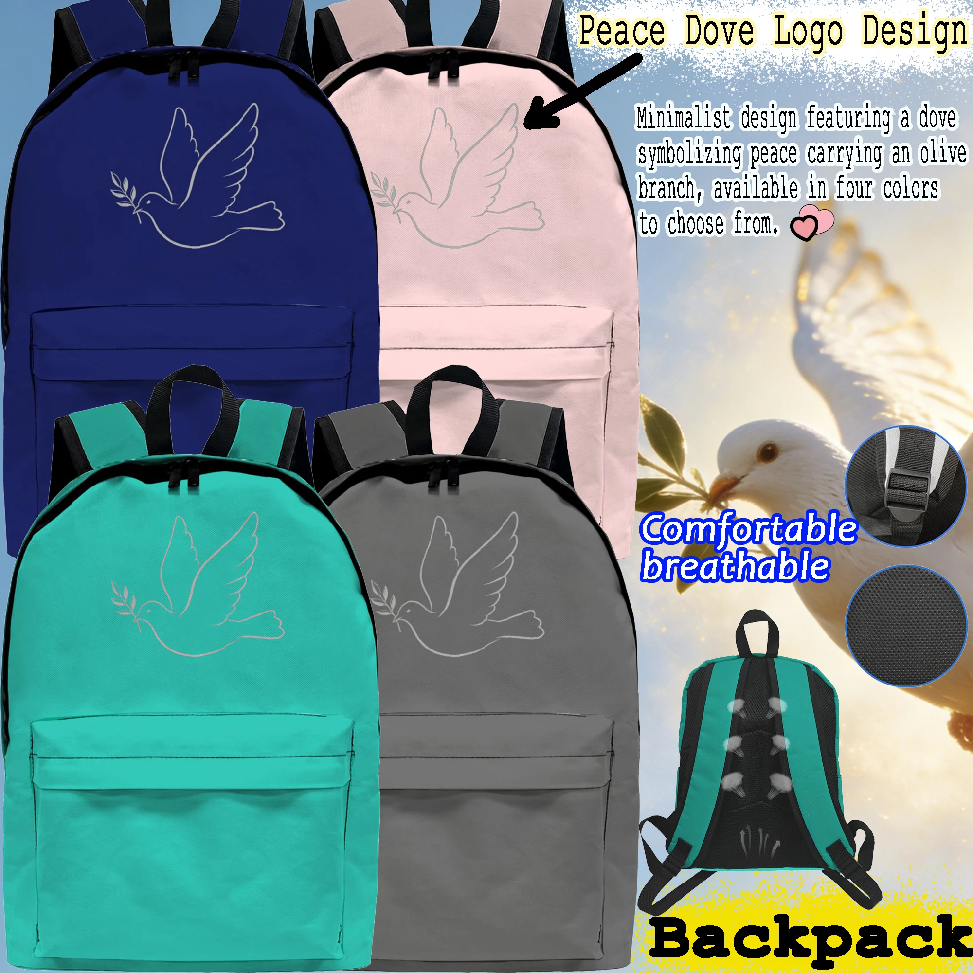 

1pc Peace dove, olive leaf, pink, blue, gray, cyan, Backpack,Fashionable and Simple, Unisex, Large Capacity, High-Quality Gift