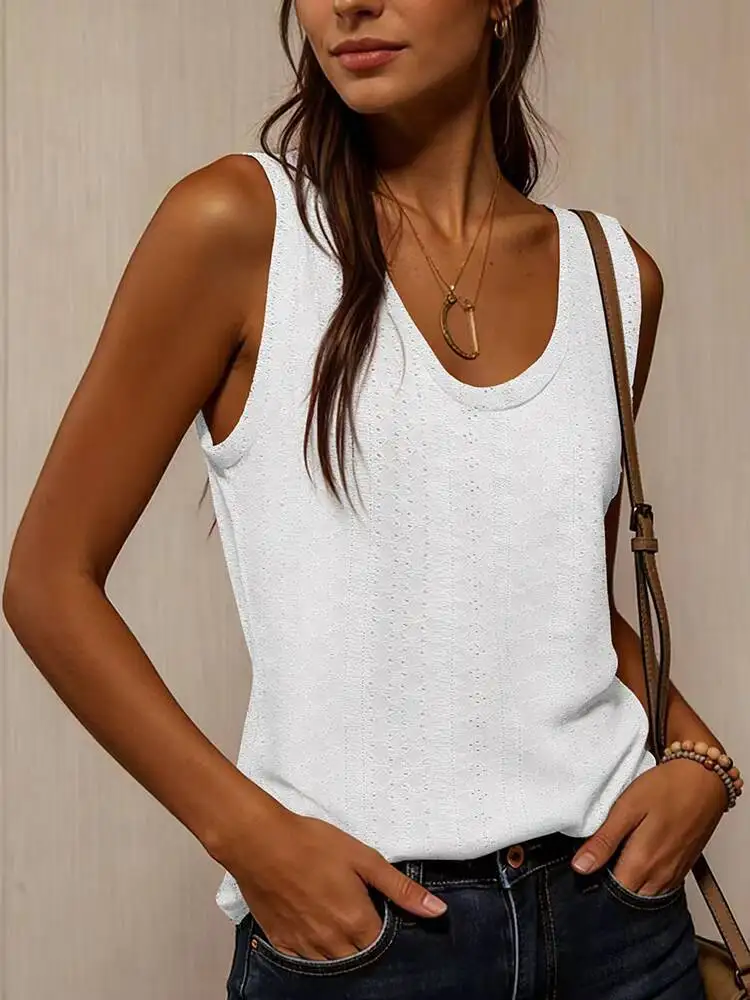 Women's Tank Top Spring Summer White V Neck Sleeveless Perforated Texture Relaxed Fresh Elegant Daily Casual Top