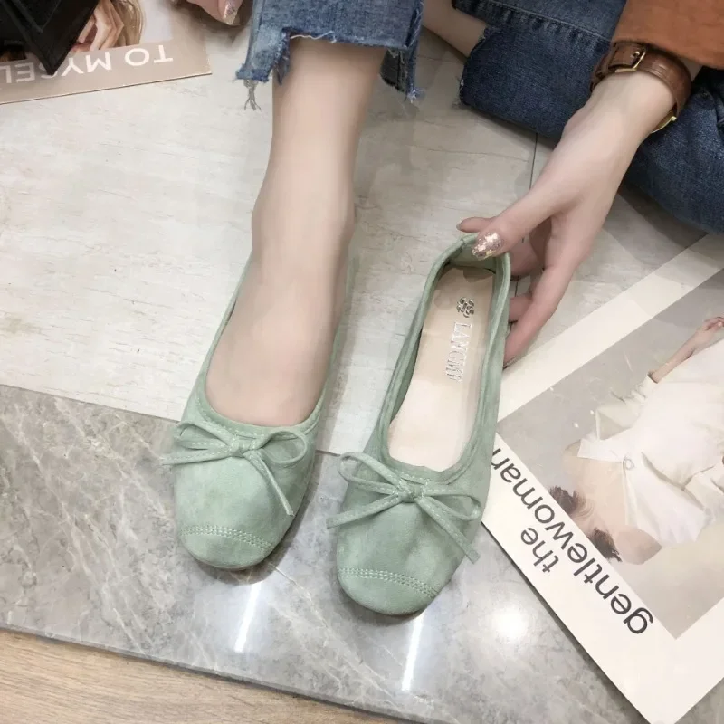 Women Suede Flat Shoes Summer Fashion Soft Shallow Mouth Dress Comfortable and Simple Fabric Flocking Soft Soled Casual Shoes