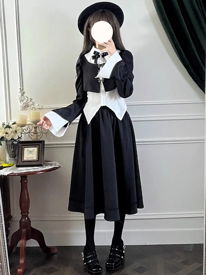 2024 Autumn New Japanese Rojita Fake Two-pieces Top Skirt Outfits Gothic Black Long Skirts Skinny 2pcs Sets For Women's Clothing