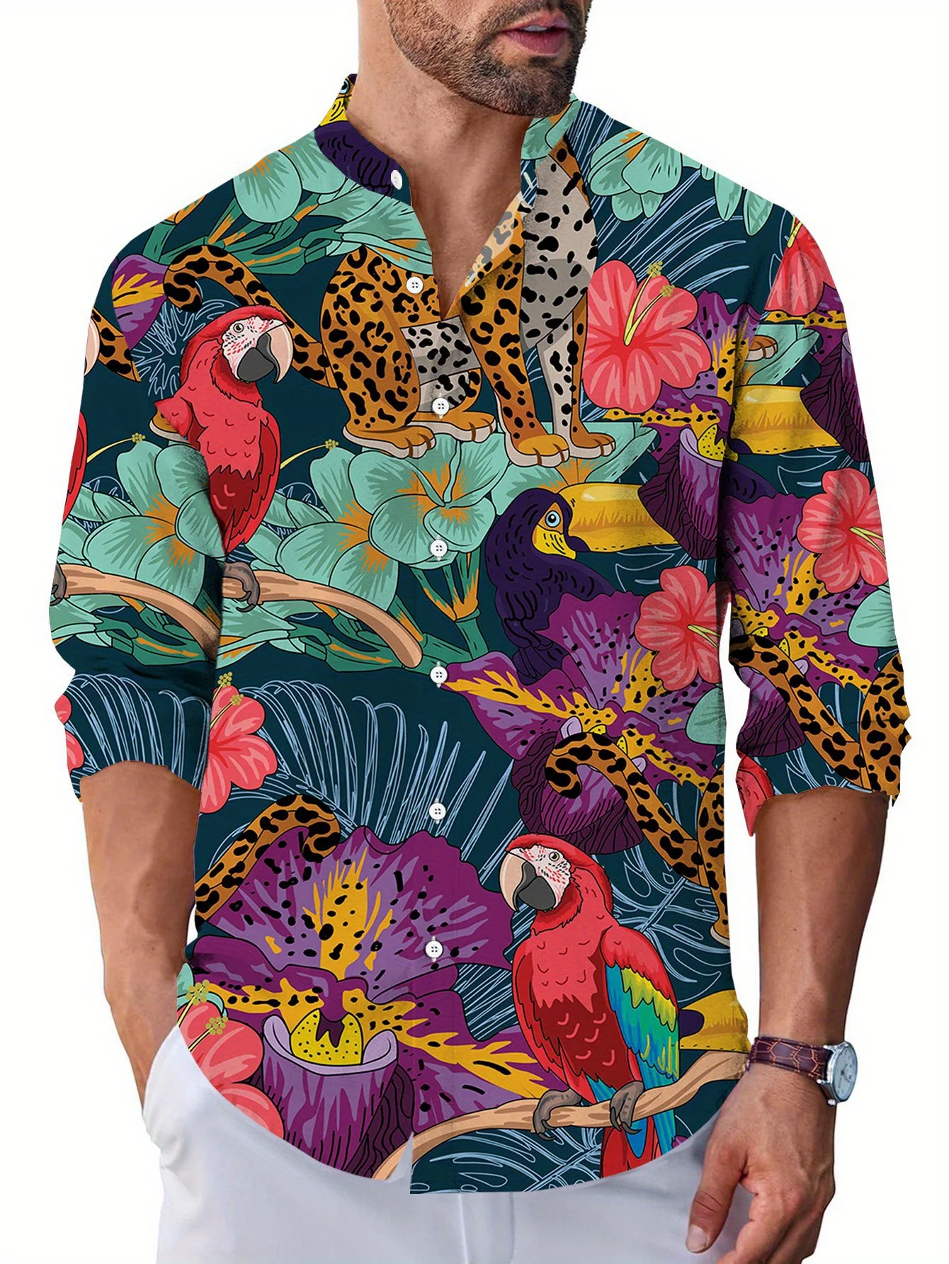 Men Lapel Collar Shirt Rainforest Wild Animal Hibiscus Flower Leaf Graphic Polyester Long‑Sleeve Top