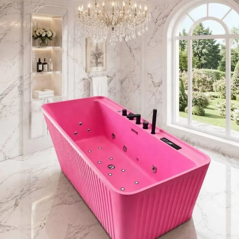 Factory Direct CE Certified Vibrant Pink Freestanding Acrylic Hydrotherapy Fluted Bathtub With Chrome Jets For Luxury Bathroom
