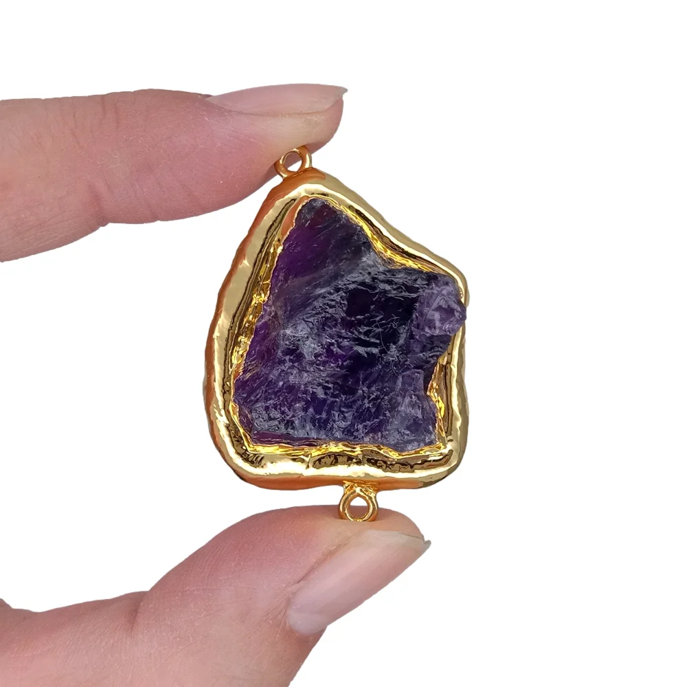 Wholesale 5 PCS  25x35mm Natural Purple Amethyst Metal Bezel  Rough Raw Double Ring Beads DIY