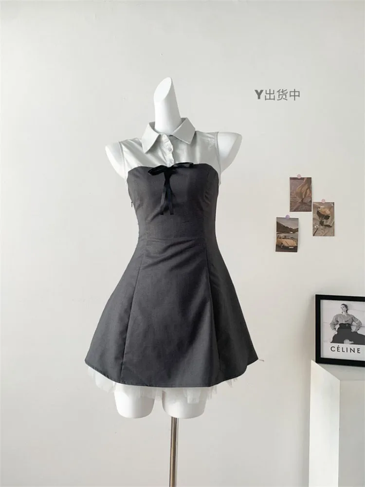 Formal Occasion Polo Patchwork Sleeveless Mori Mini Shirts Dress Summer 2000s Design Slim Women Sweet A-Line One-Piece Frocks