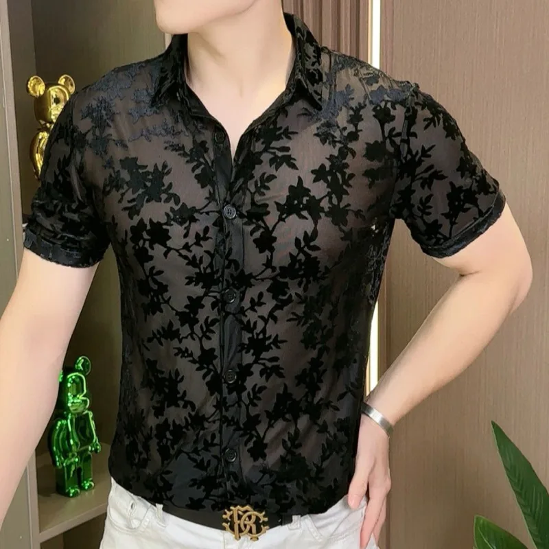 Mens Transparent Shirt Summer European Style Sexy Lace Shirt For Male See Through Mesh Shirt Club Party Prom Chemise Homme 98kg