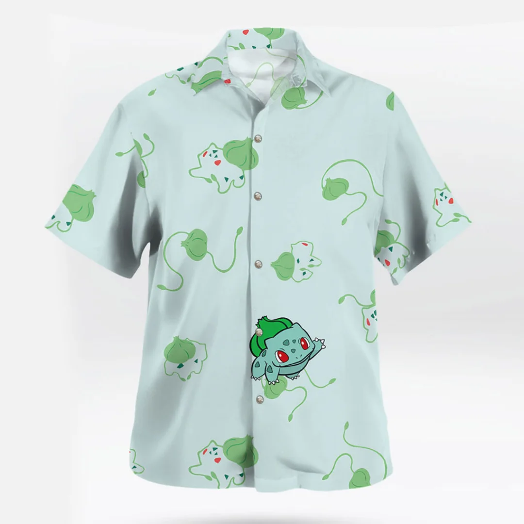 Hawaiian Print Cute Shirt with Green Leaves for Summer Casual Wear, Men's and Women's Breathable Shirt with Short Sleeves