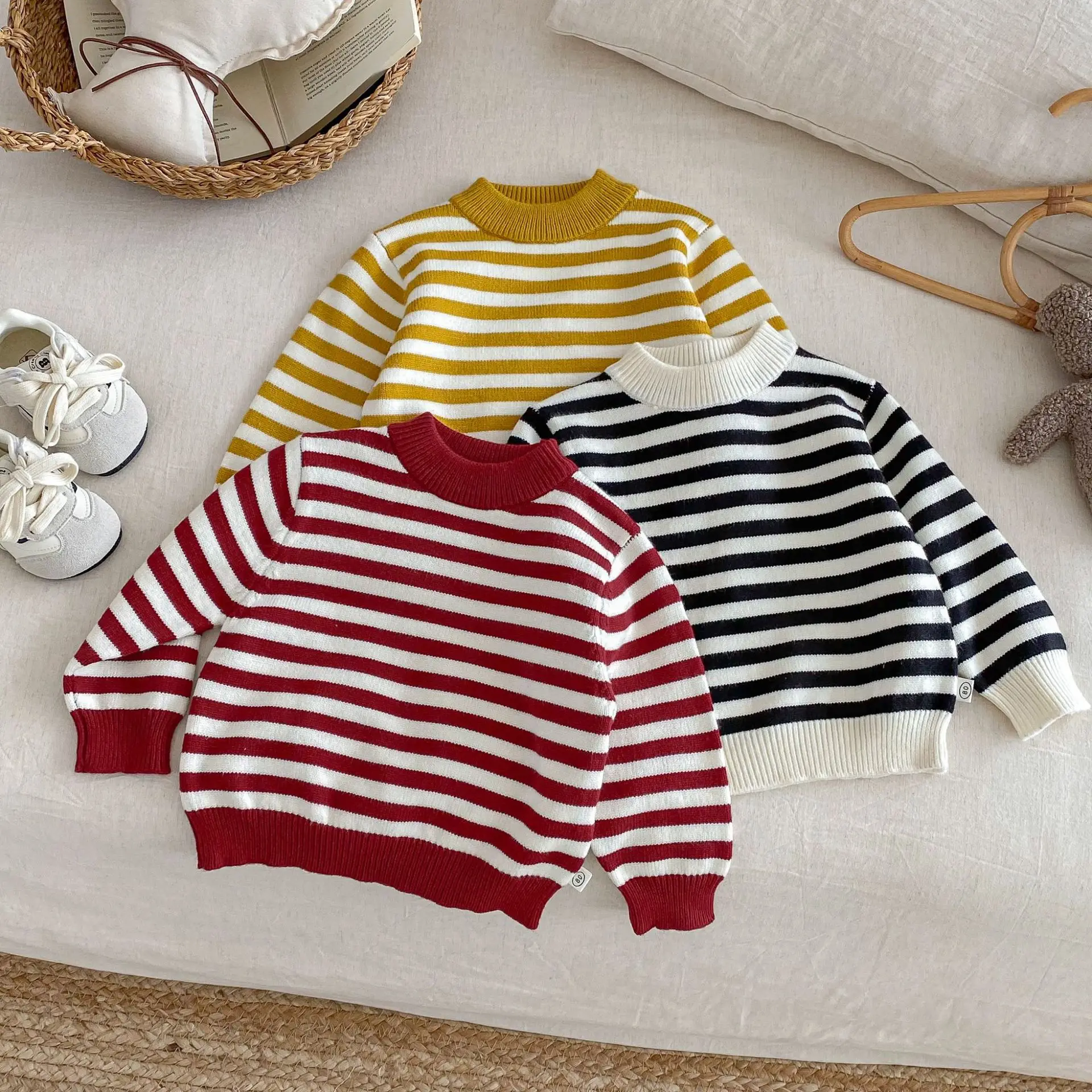 

Korean Children's Clothes 2025 Kids Thickened Striped Knitted Sweater 0-5Y Boys Girls Casual Warm Half Turtleneck Knitwear Top