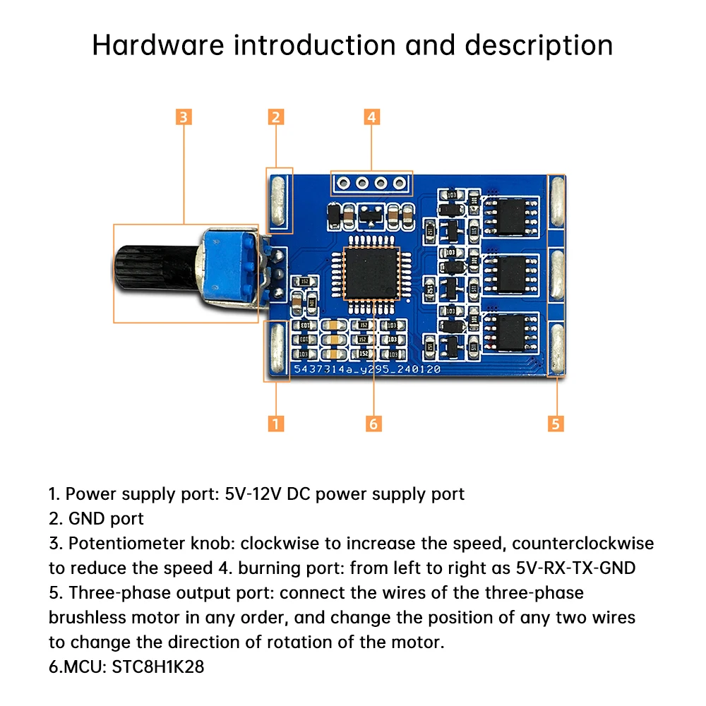 DC5-12V Three-phase DC Brushless Motor Controller Module With Potentiometer STC8H1K28 Support Second Development