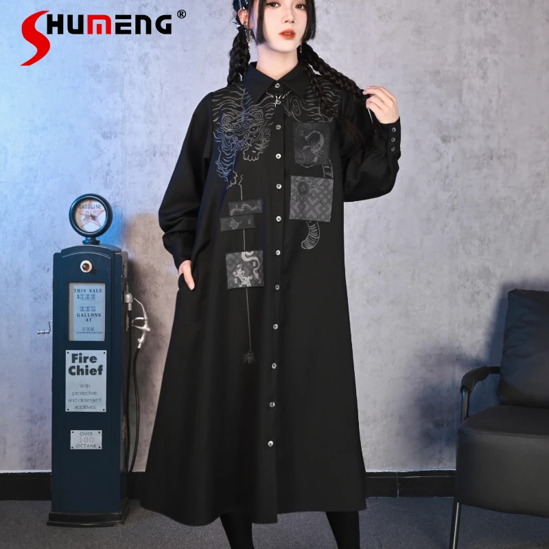

Black Long Sleeves New Chinese Style Shirt Dress With Design Patch Embroidery Vintage Single-Breasted Dresses Women's Clothes