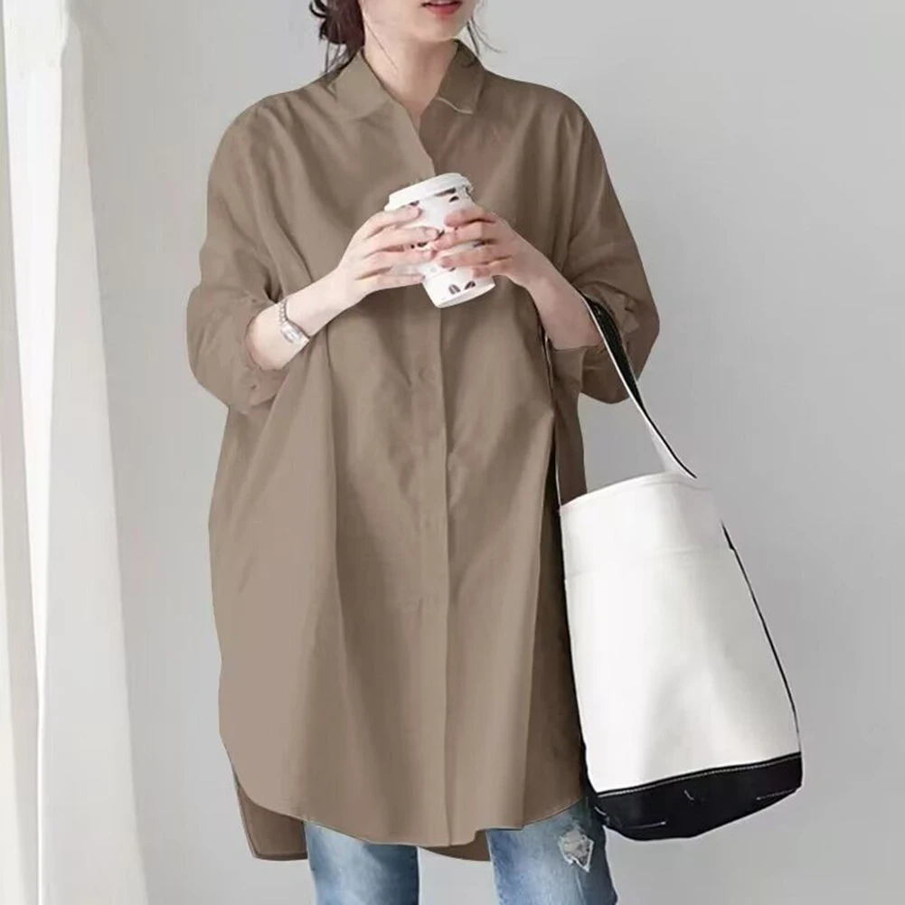 Lapel Long Sleeve Shirt Women Elegant Casual Loose Work Solid Color Oversized