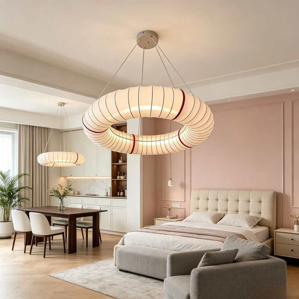 Japanese Wabi Sabi White Round Fabric Pendant Light Living Dining Room Bedroom Cloth Chandelier Home Decor Designer Circle Lamps