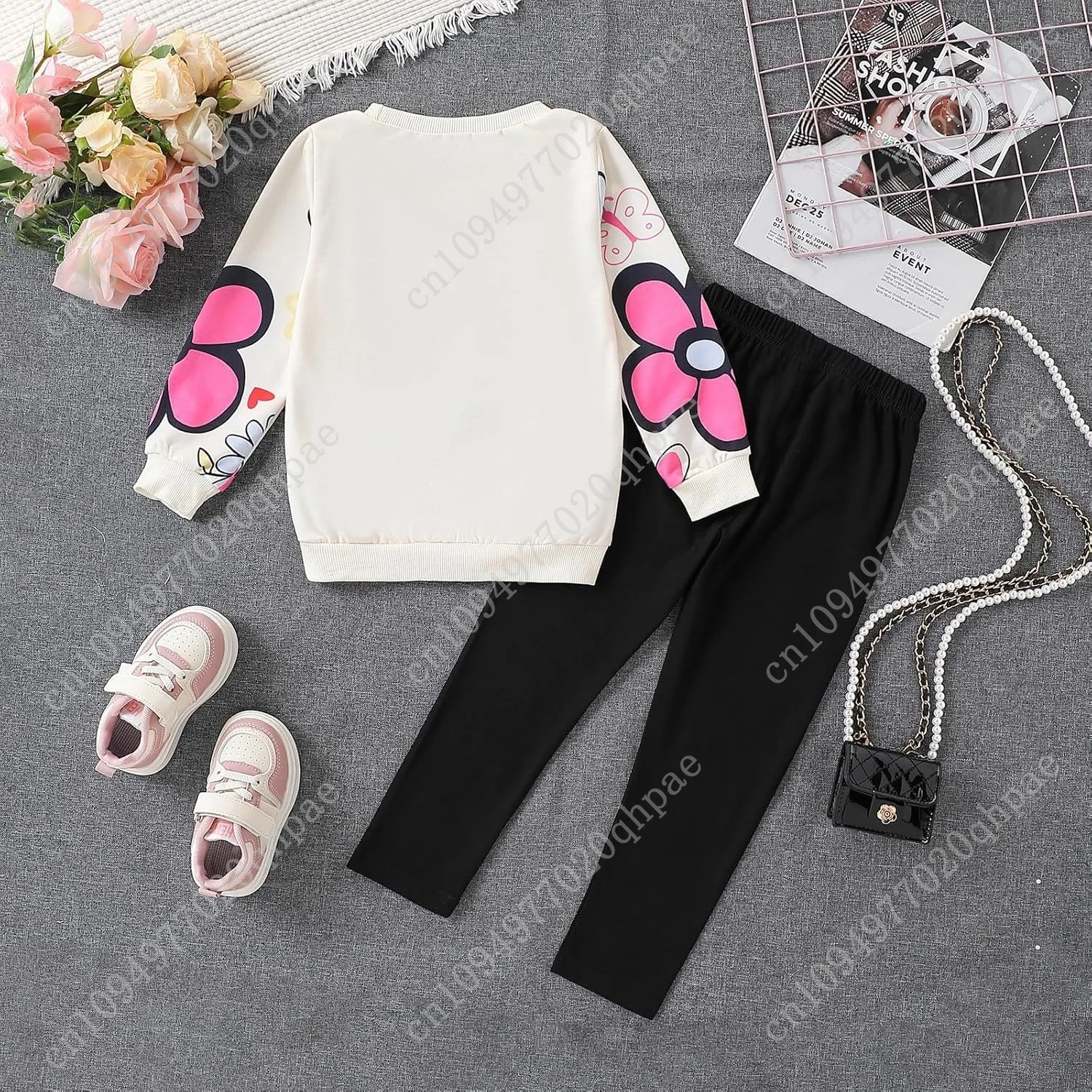 ملابس للفتيات الصغيرات، سويت شيرت مطبوع عليه زهور، قطعتان من ملابس الخريف للفتيات الصغيرات، مقاس 3-7 سنوات