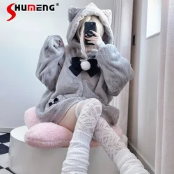 Hooded Jacket Cat Ears Plush Cute Top Japanese Lolita Mass Production Mine Winter Sweet Fur Coat Warm Comfortable Jaqueta Mujer