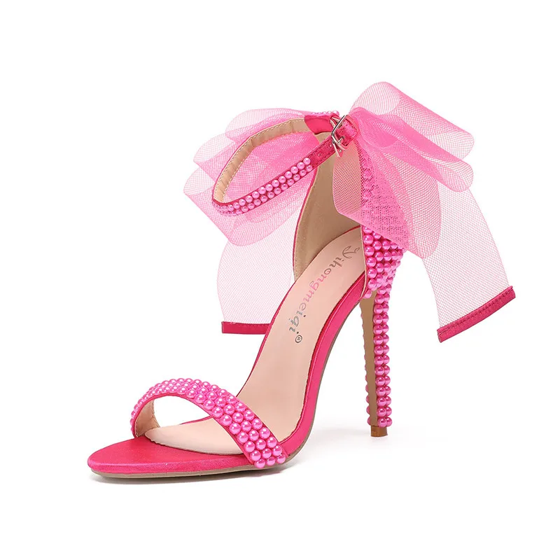 

Летние новые модные женские сандалии-гладиаторы с бантом и бисером, роскошные жемчужные белые туфли на тонком высоком каблуке для свадьбы и вечеринок