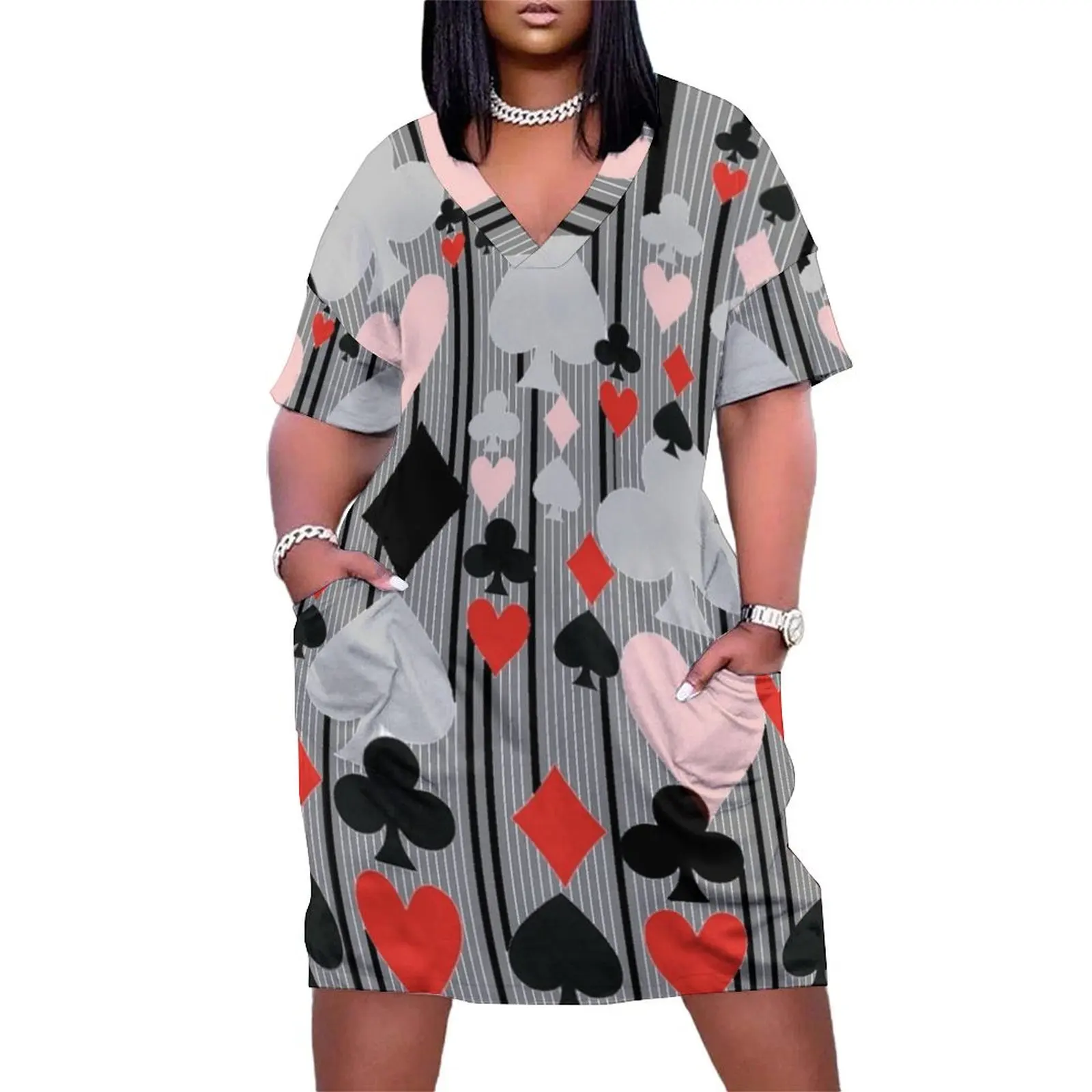 

CASINO NIGHT'S CARD SUITES STRIPES GREY ART Loose Pocket Dress clothes for woman Party dresses for women