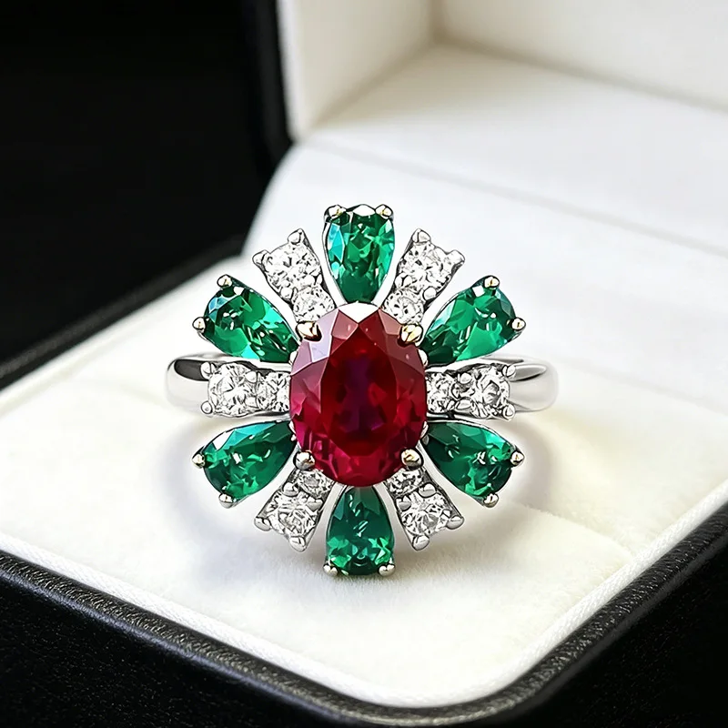 Luxury 18K white Solid Platinum PT950 certifid retro sunflower red and green color treasure dinner ring for women