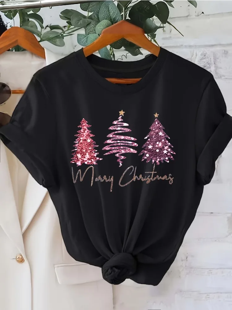 

Christmas themed printed Short Sleeve T-Shirt with Three Christmas Fashion Print Women's Top Casual Wear summer fashion Clothing