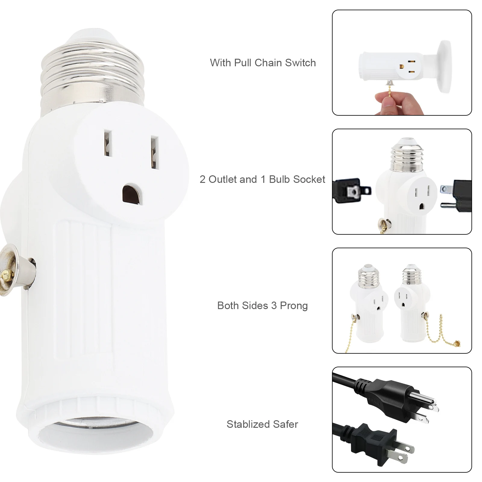 E26 Bulb Screw Socket Outlet Adapter Light Holder Splitter Base Lamp 3 Prong Light Socket to Plug Adapter with Pull Chain Switch