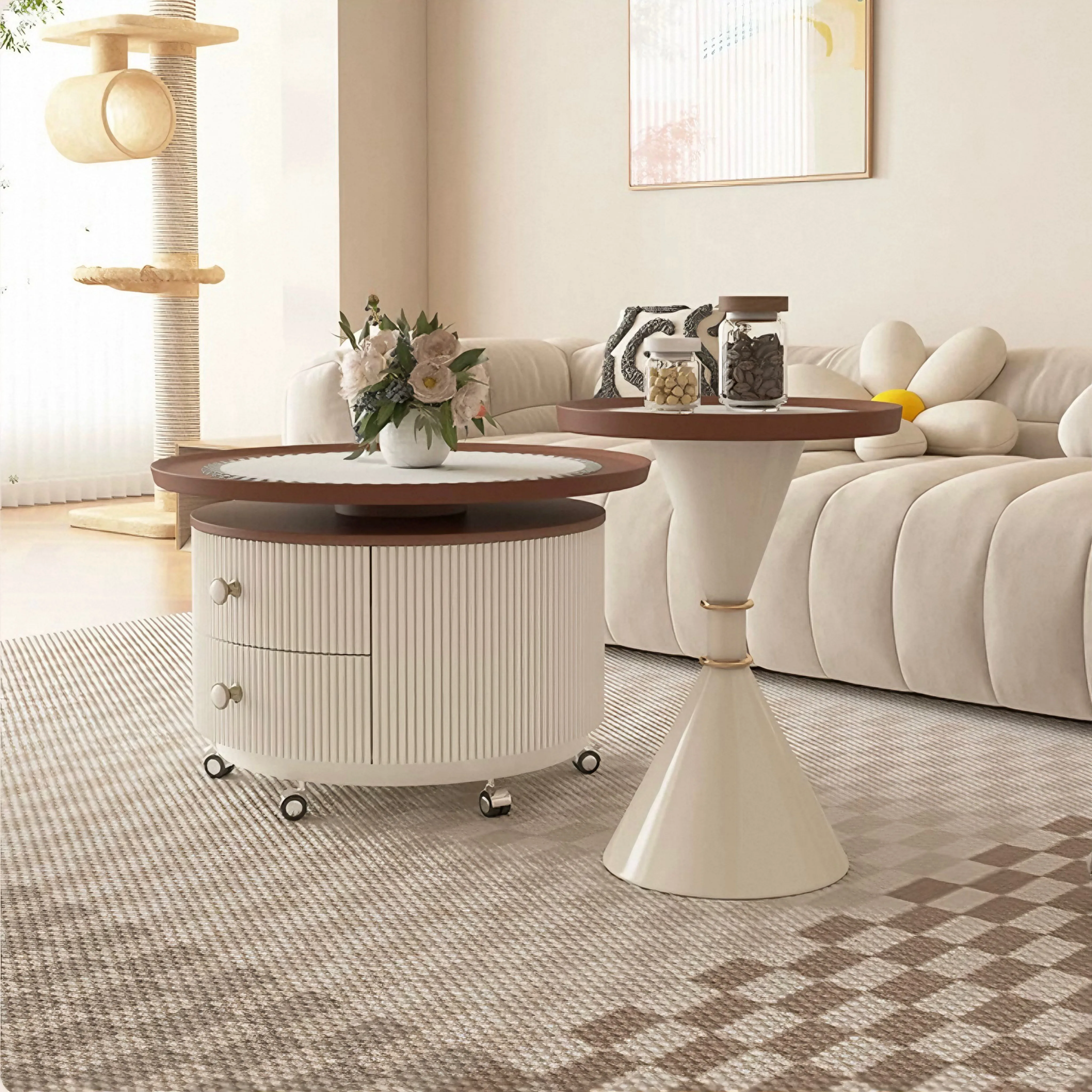 #Cream Round Movable Coffee Table Modern Solid Wood Durable 360 Rotatable with Storage Space for Living Room Home Furniture