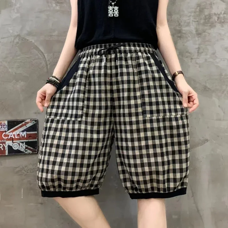 Korean All-match Elastic High Waisted Plaid Pockets Striped Contrasting  Women's Clothing Knee Length Bloomers Shorts XT1402
