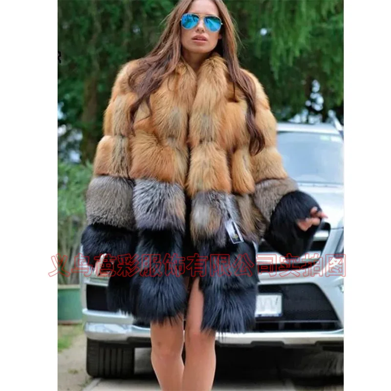 Amazon Foreign Trade Imitation Fur Coat Women's Clothing Medium and Long Luxury Splicing Contrasting Color European and American