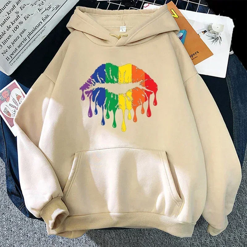 

Hoodies Women'S Winter Autumn Fashion Hooded Casual Long Sleeve Lgbt Pride Rainbow Lips Hoodies Sweatshirts Loose Pullover