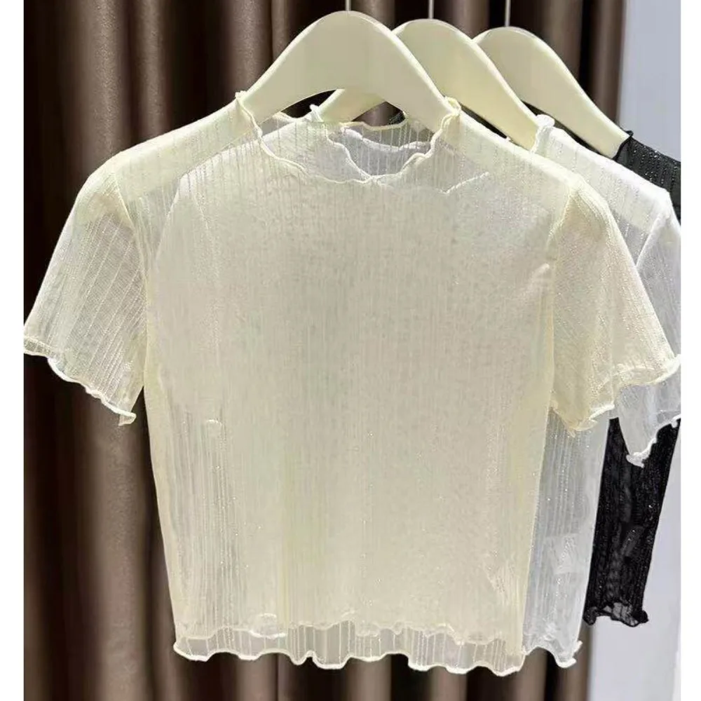 Nylon Silver Thread Lace Top Semi-sheer Mesh Fabric Lace Camisole Dress Inner Short Sleeve Layering See Through Shirt Women