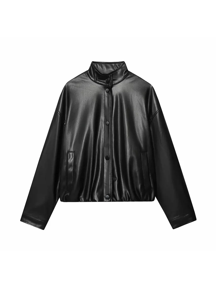

Women 2025 New Autumn Casual Chic Bomber Jacket Solid Leather Button Turtleneck Pockets Long Sleeve Short Coats Fashion Coats