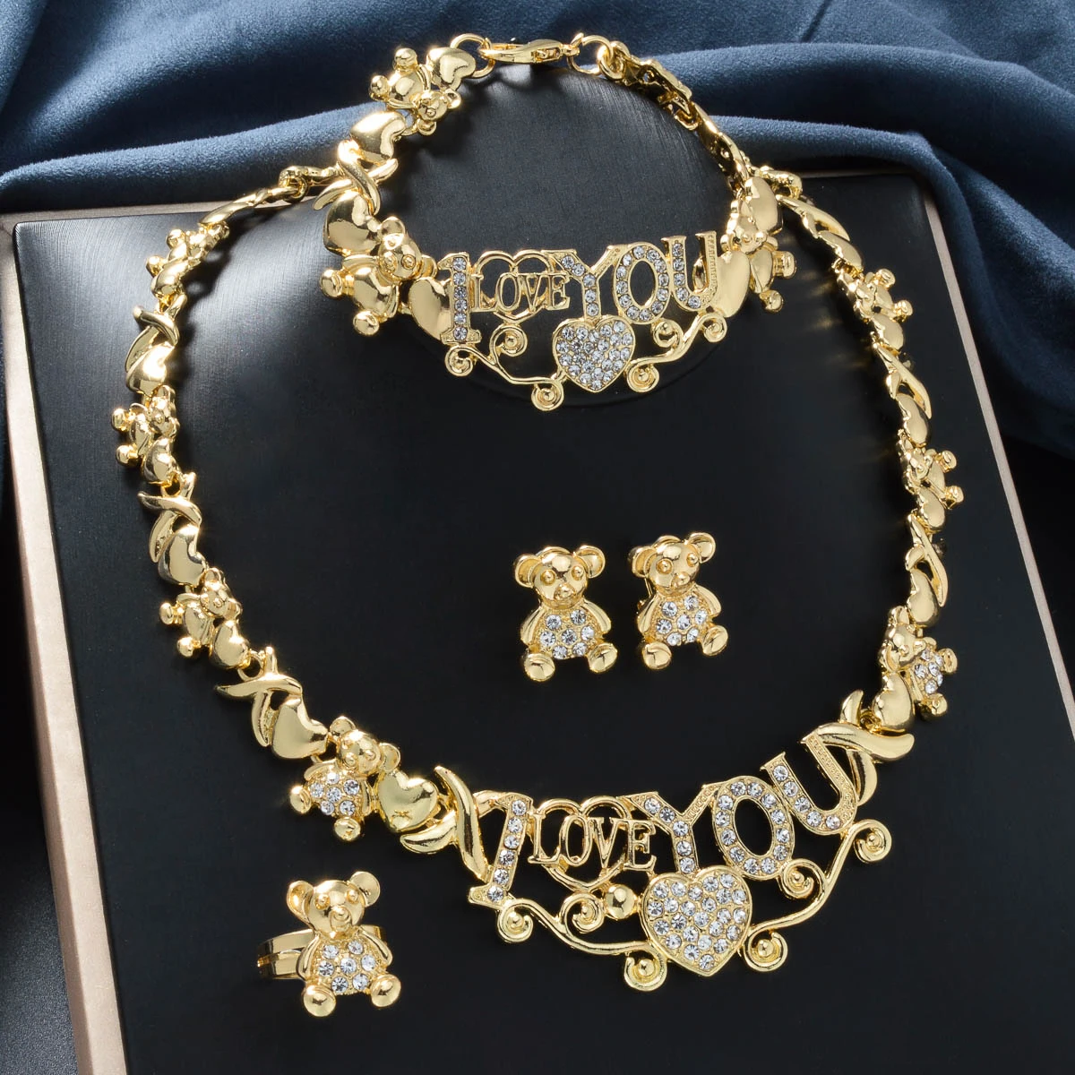 

Trendy I Love You Jewelry Set 4Pcs Bear Design Necklace Bracelet Earrings Ring Romantic Gift for Her Valentine's Day