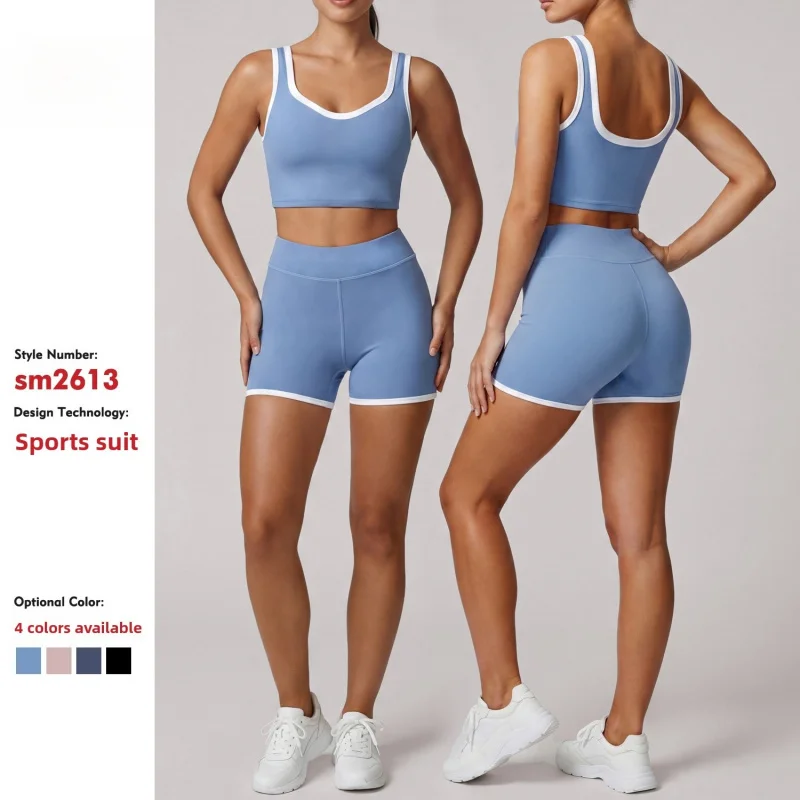 Women Summer Yoga Outfit High Waist Butt Lifting Fitness Shorts Color Block Back Shockproof Sports Bra Running Training Workout