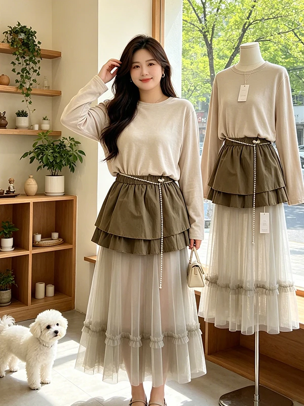 

plus Size Korean Style Long Sleeve round Neck Top And Mesh Skirt Set Women Summer New Slimming Two Piece Set High Waist a Lin...