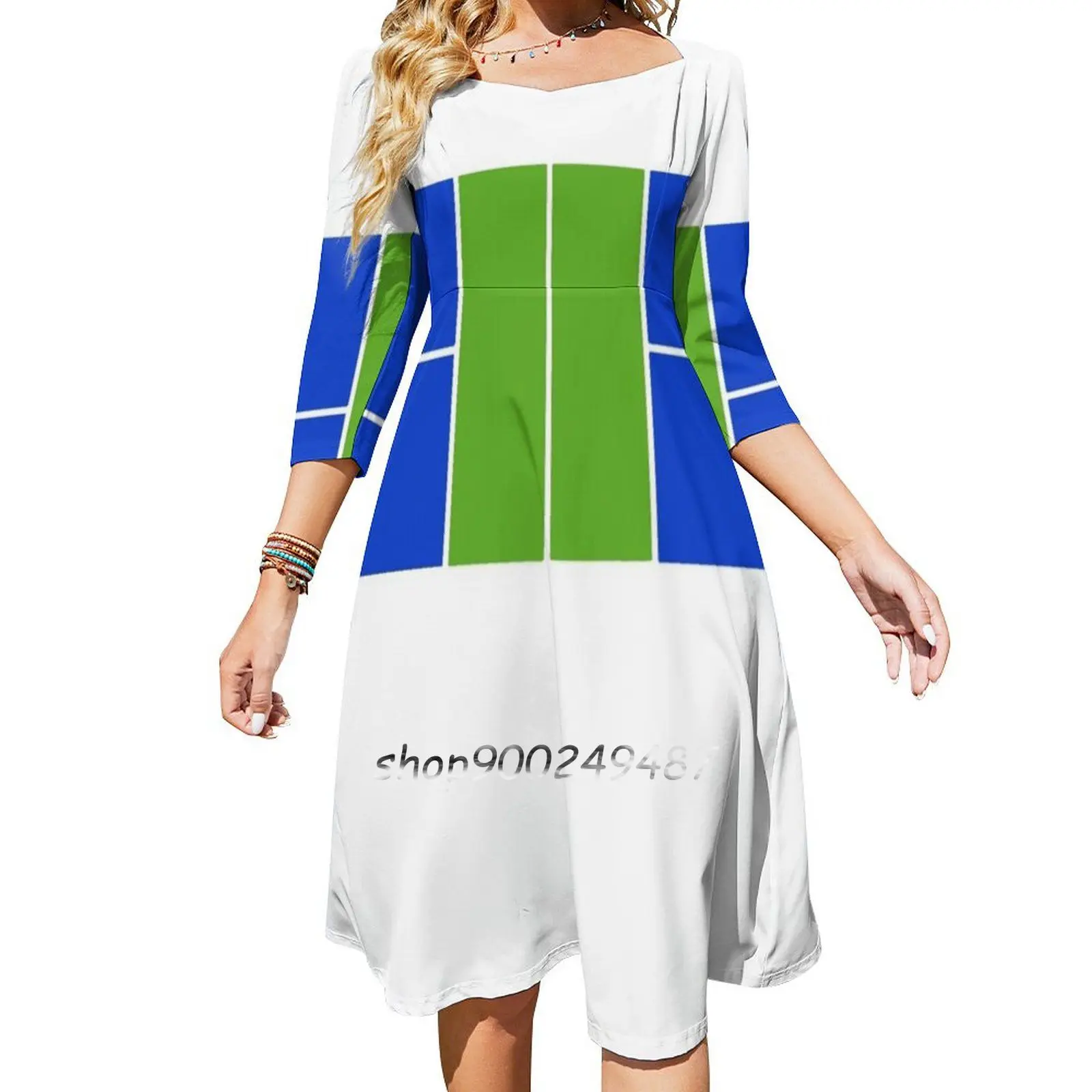 Pickleball Court Design Green & Blue , No Text Square Neck Dress Sweet Summer Dress Women Elegant Halter Print Dress Pickleball