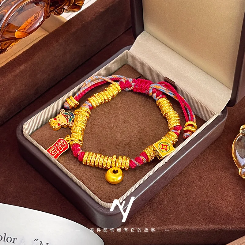 2026 New Chinese Style Ancient Craft Sand Gold Bracelet Yellow God of Wealth Round Pendant Red String Bracelet for Men Women New