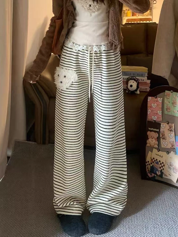 لطيف شعر جرو بنطال ذو قصة أرجل واسعة النساء الشتاء فضفاض الرباط سراويل تقليدية Y2K عالية الخصر شريط كل مباراة بنطلون مستقيم #2