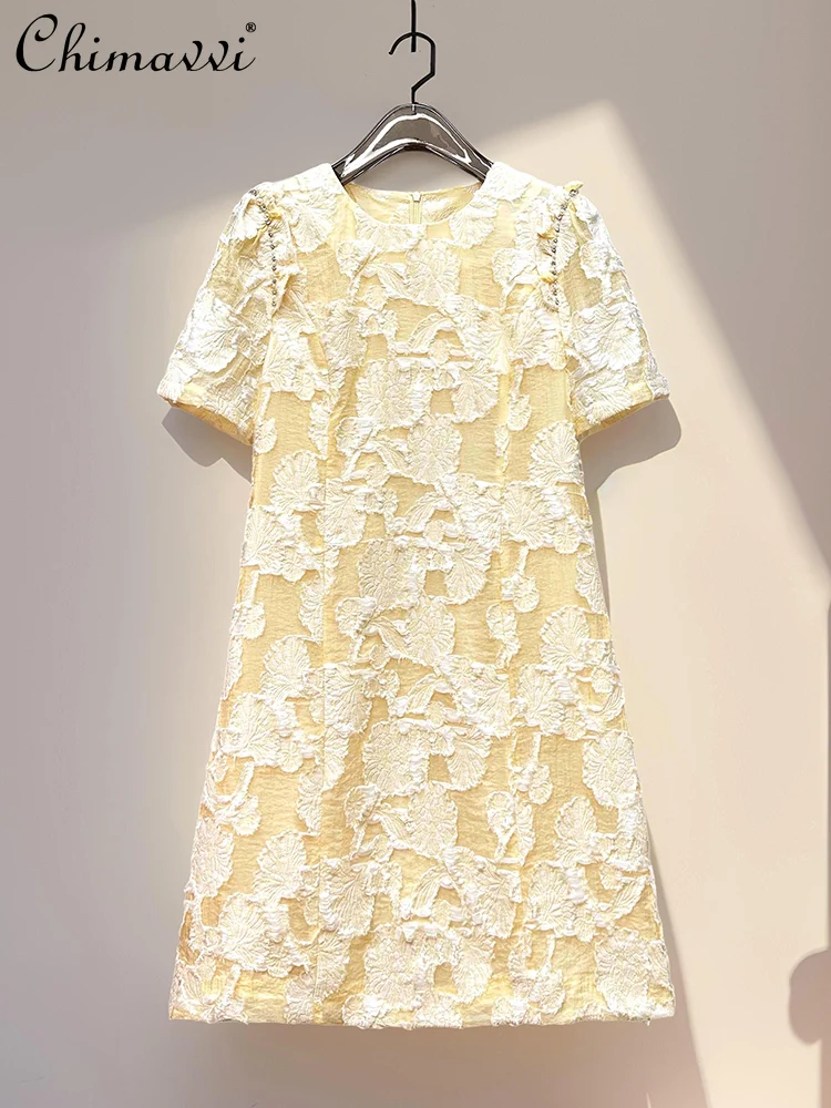 

French Elegant Fashion Socialite 3D Embroidery Beads Crew Neck Short Sleeve High Waist A-line Temperament Evening Dress Women