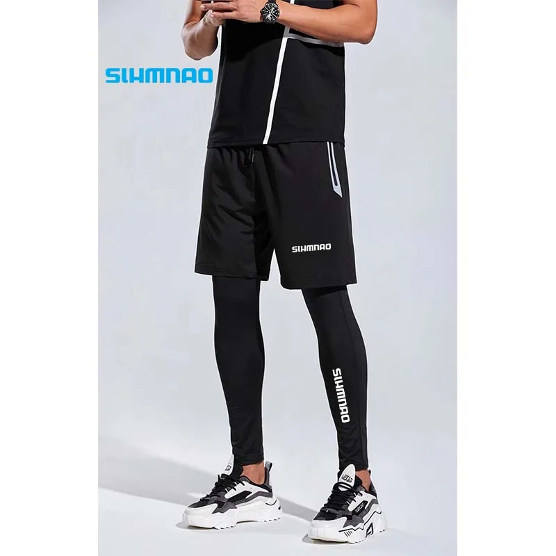 

2024 Summer Tight Sports Pants Fake Two Piece Men's Training and Fitness Pants Elastic Quick Drying Summer Running Pants